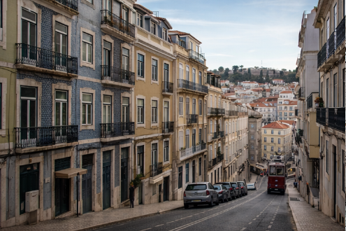 Edifício clássico em Lisboa com apartamentos e placa Vende